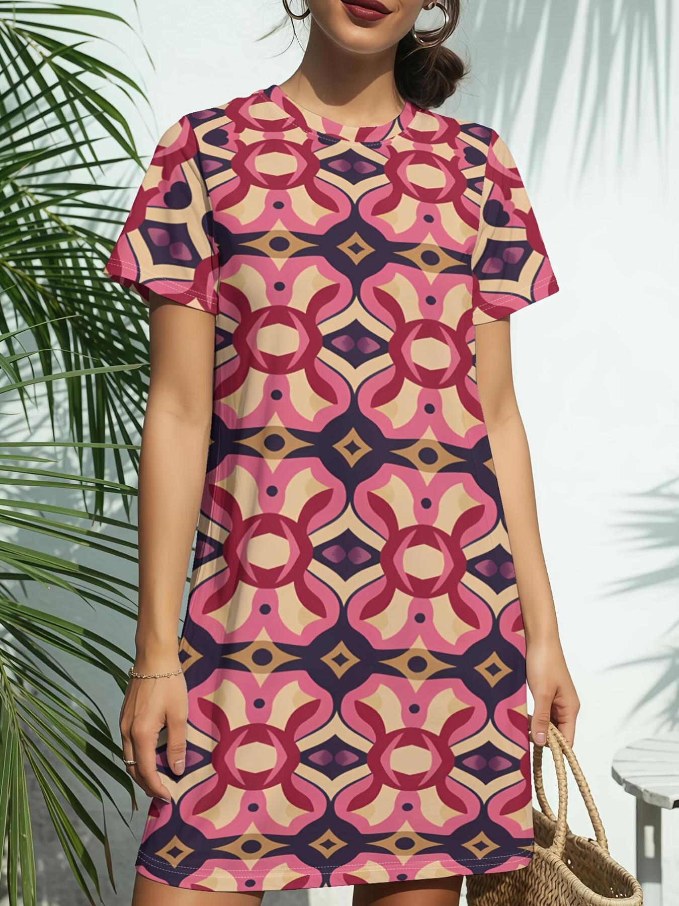 

Introducing The Ruby Geo Lattice a New Women S Short-Sleeve T-Shirt Dress Featuring a Round Neck. This Dress Showcases a Trendy American Digital Print L дубильная кора