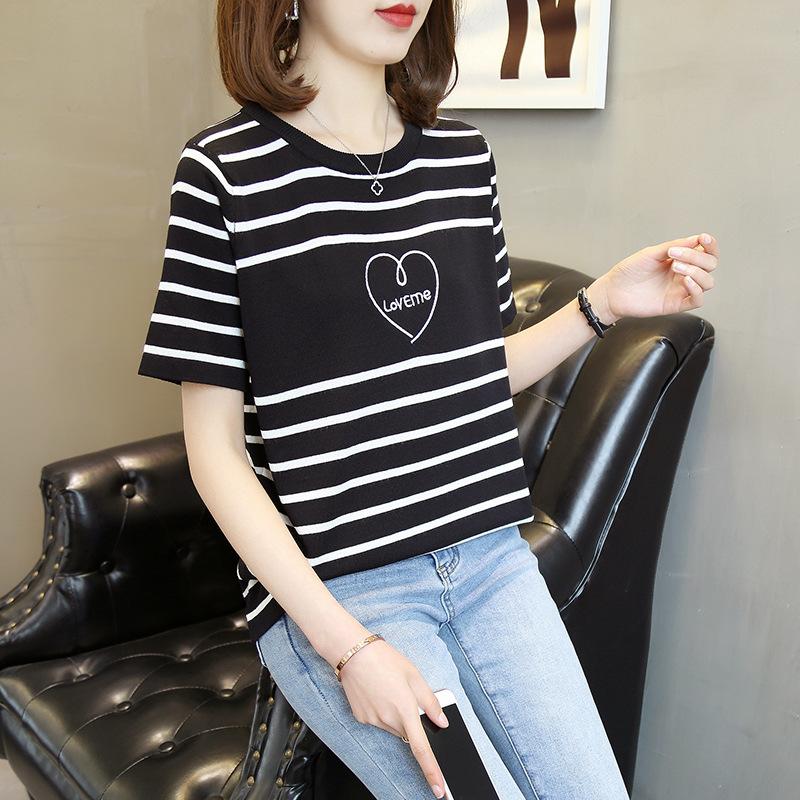 Ice silk knitted sweater women's summer 2025 new pullover round neck thin horizontal striped short sleeve embroidery women's clothes