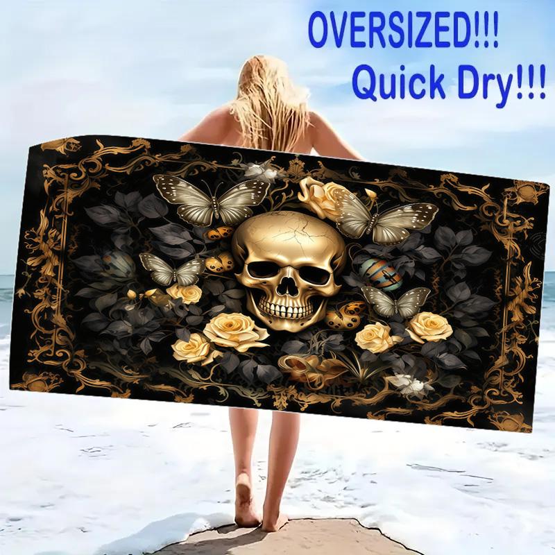 Floral Skull Art Print Beach Towel, Large Soft Quick Dry Towel for Beach Camping Swimming