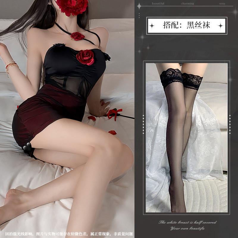 Dark Wind Spice Girl Perspective Mesh Three-dimensional Rose Neck Sex Underwear Sexy Backless Slim Dress