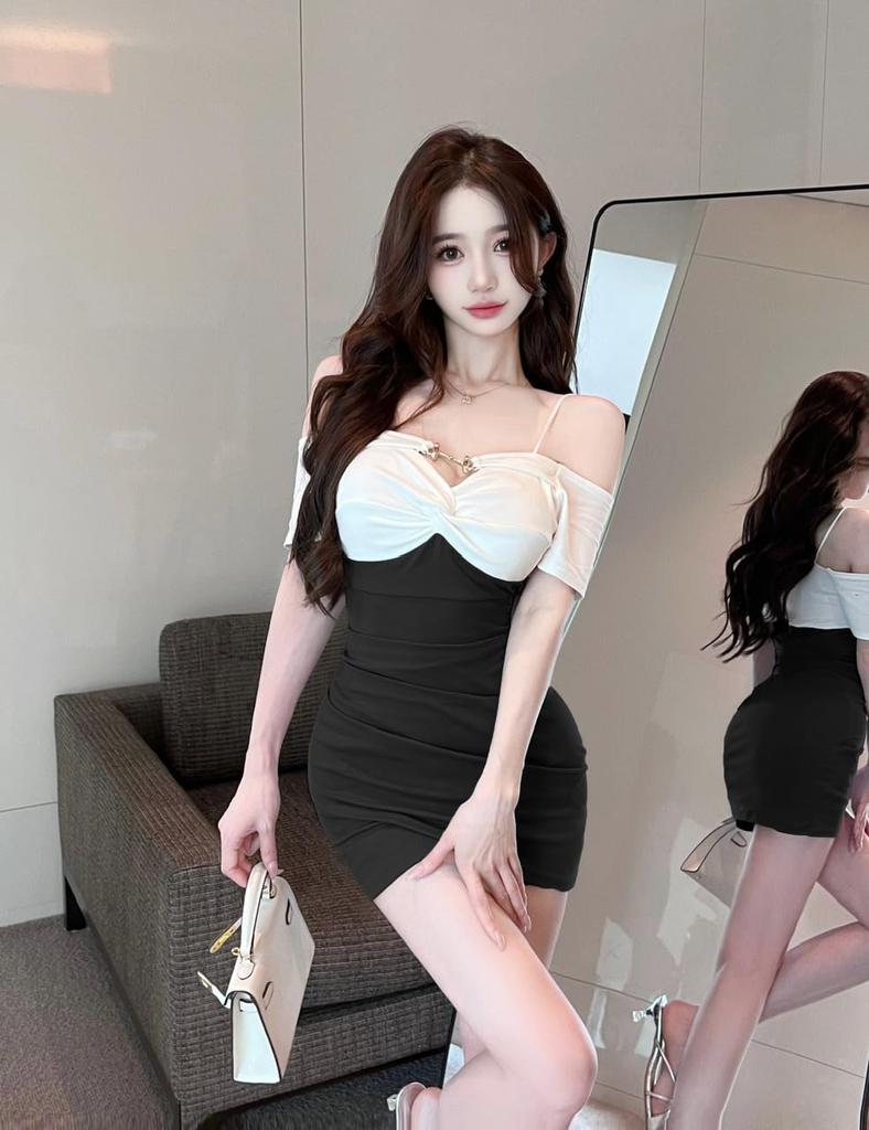 Rochie Mini Mini Strâmtă de Club de Noapte [Takusan Shopping], Sexy, de Damă, Cache-Coeur, Casual, Bicoloră, cu Șliț, de Birou, Fustă, Flatantă pentru Siluetă,