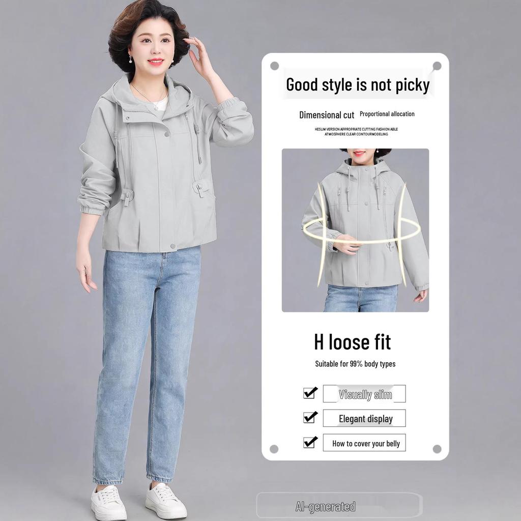 Elegant Short Windbreaker for Mid-Aged Women - Stylish Spring/Autumn Casual Outerwear