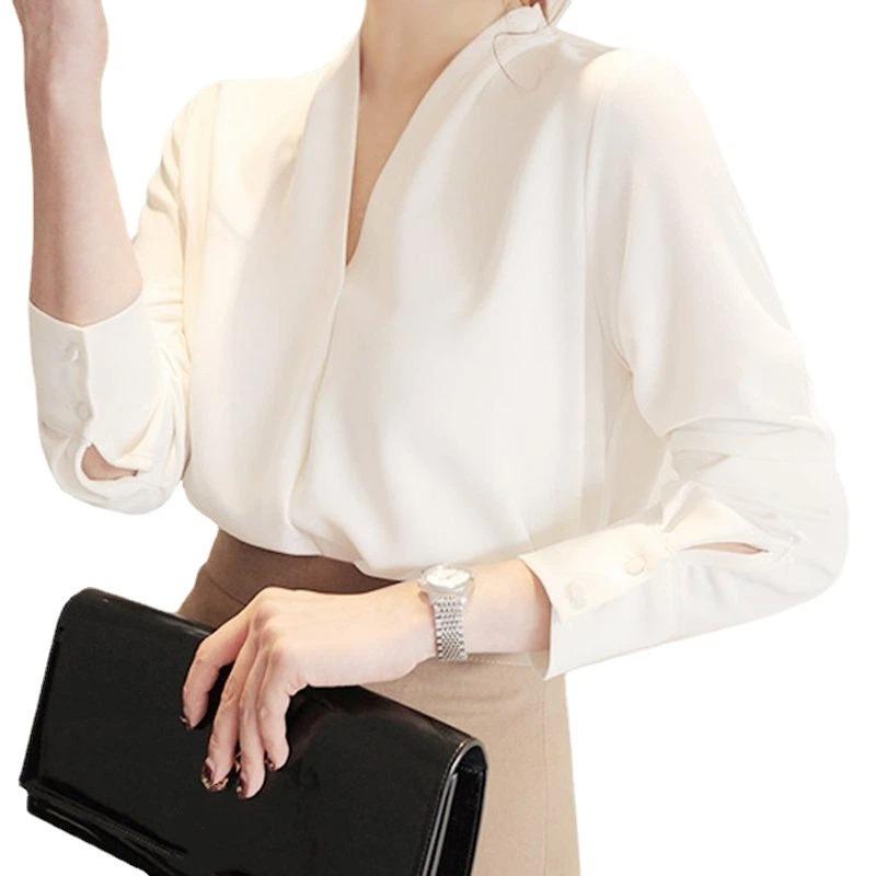 White Chiffon Shirt Women's New Korean Style V-neck Versatile Loose Professional Top