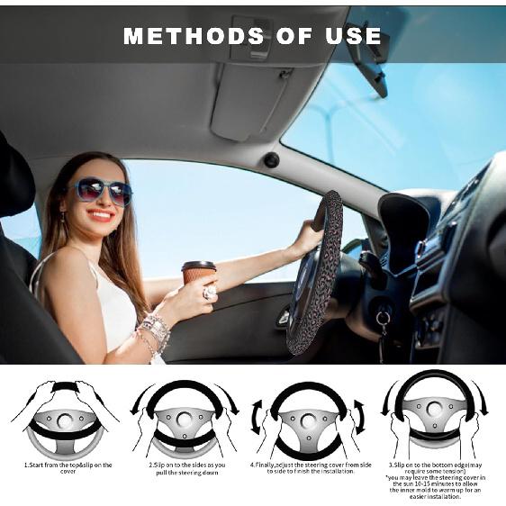 Pink Black Leopard Cheetah Print Steering Wheel Cover, Cute Anti-Slip Breathable Car Accessories Interior Elastic Steering Wheel Cover for Women Fit