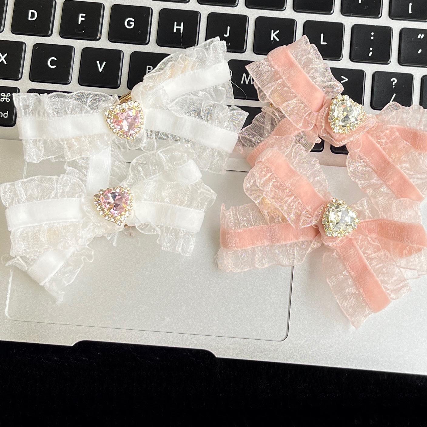 

Pink Rhinestone Bowknot Heart Hair Clip for Women Fairy Ruffled Edge Heart Bowknot рожевий