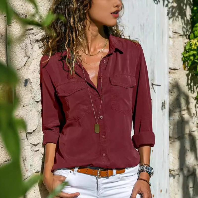 Womens Fashion V Neck Shirts Long Sleeve Tops Pockets Design Blusas Turn Down Collar Shirts Solid Colors Femininas