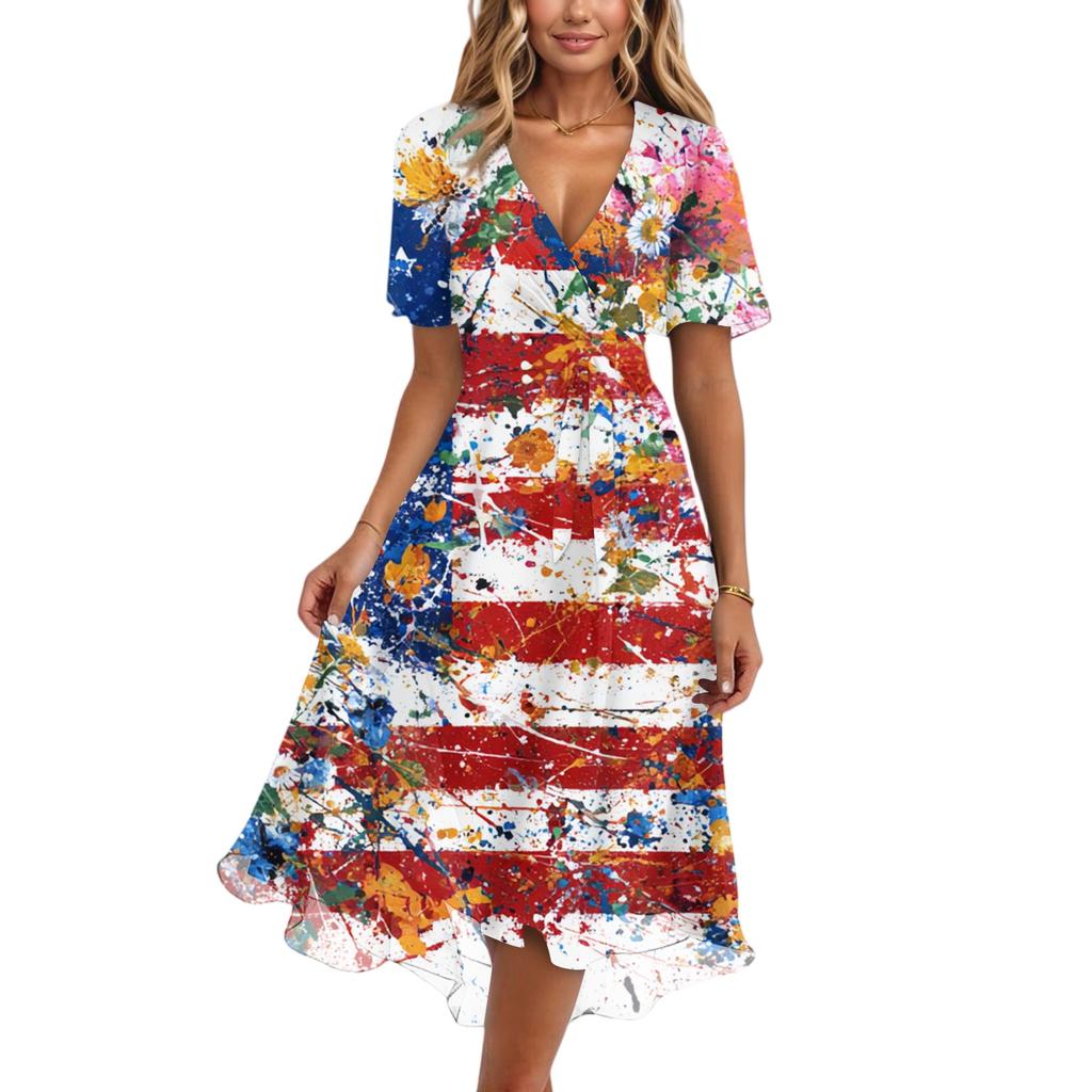 Women's Fashionable Casual V-neck Short-sleeved Independence Day Printed Dress