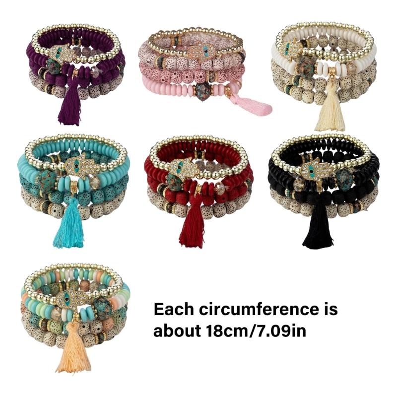 4Pcs Bohemian Styles Bracelet Set for Women with Crystal Hand Tassels Charm and Stone Beads Chain Stylish Outfits