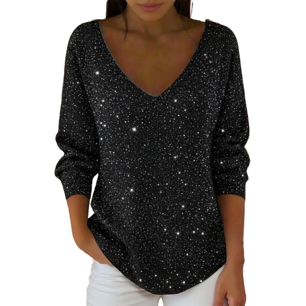 Women's Casual Daily Long-Sleeved V-Neck Faux Sweater Knitted Pullover Top With Sequins