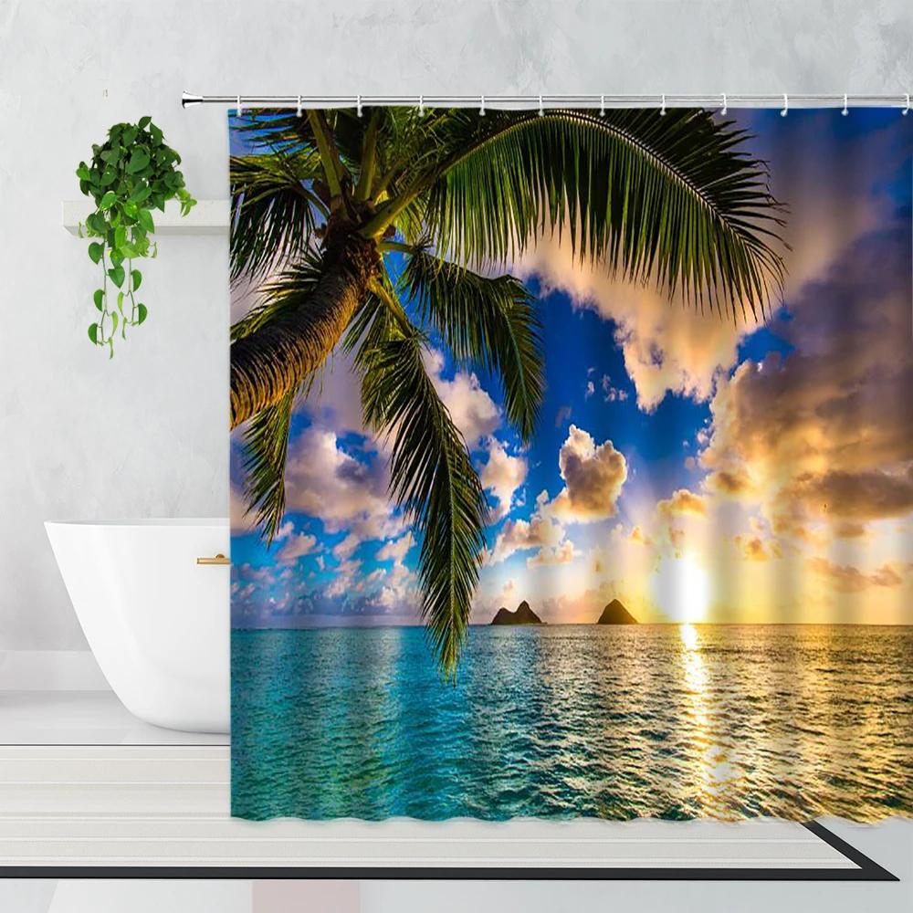 Palm Trees Beach Shower Curtains Sea Waves Island Vacation Hawaii Nature Scenery Summer Fabric Bathroom Decor Bath Curtain Hooks