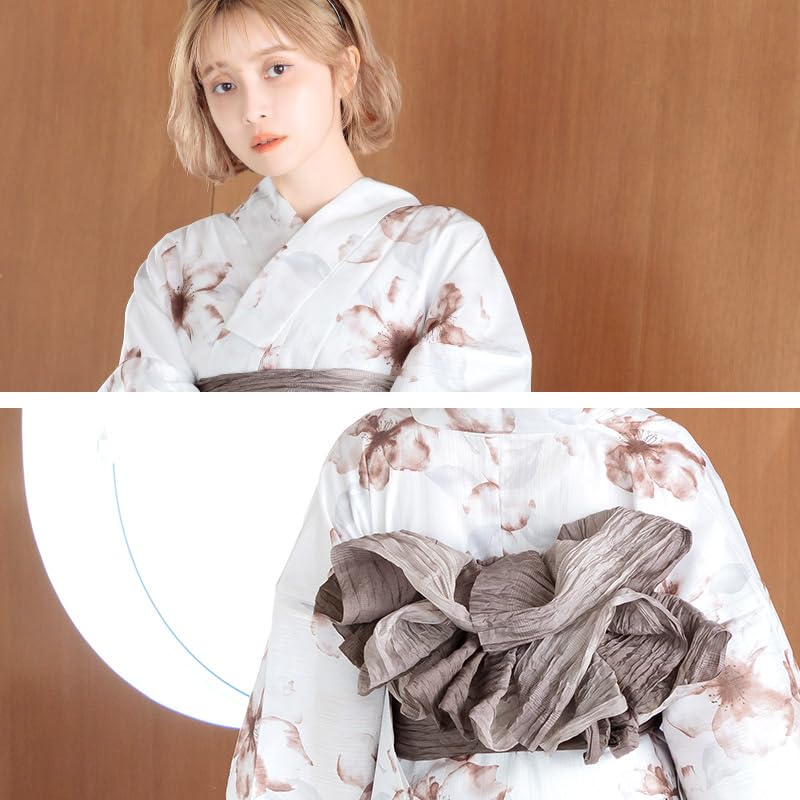 Yukata Light Transparent Floral Easy To Wear by One Person Kyoto Classic FREE (Dita) Women's 5-Piece Set Blue, Blue, Brown, White, Watercolor,