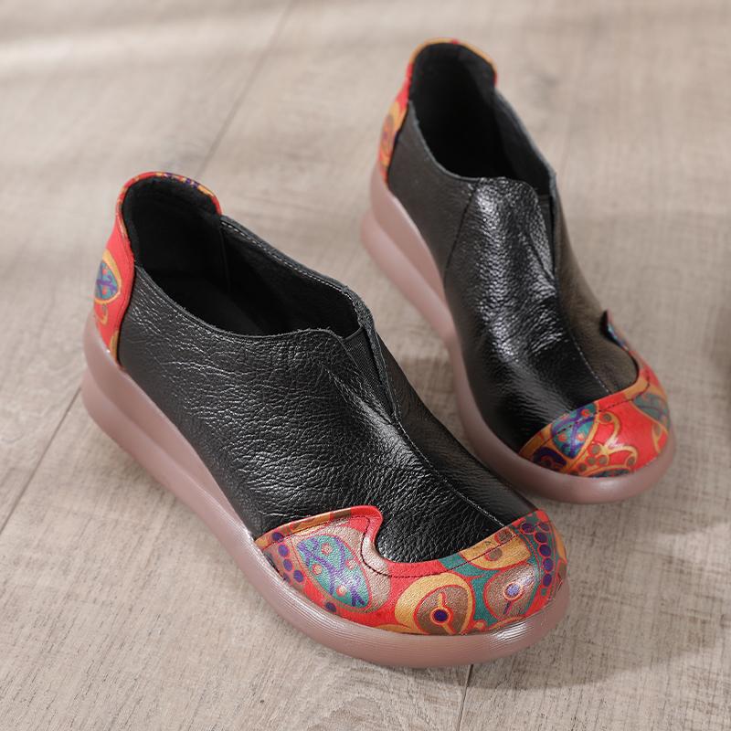 Fashion New Genuine Leather Wedged Pumps Shoes Womens Autumn Slip On Shoes Elderly Woman Appliques V Cut Mid Heels Pumps Patchwork Shoes