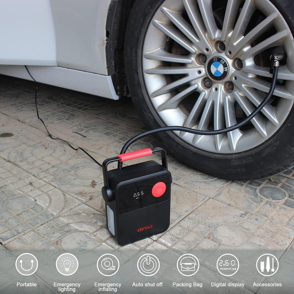 Compresor de aer pentru pneuri, DC 12V portabil pentru mașină, pompă digitală pentru anvelope cu mâner portabil și lumină LED pentru anvelope auto și alte bărci gonflabile