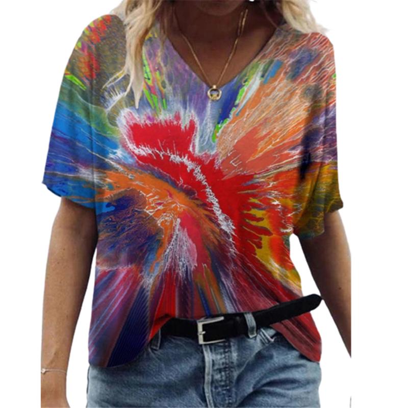 Fashion Spring  Simple Print Blouses Short Sleeved V-Neck T Shirts Casual