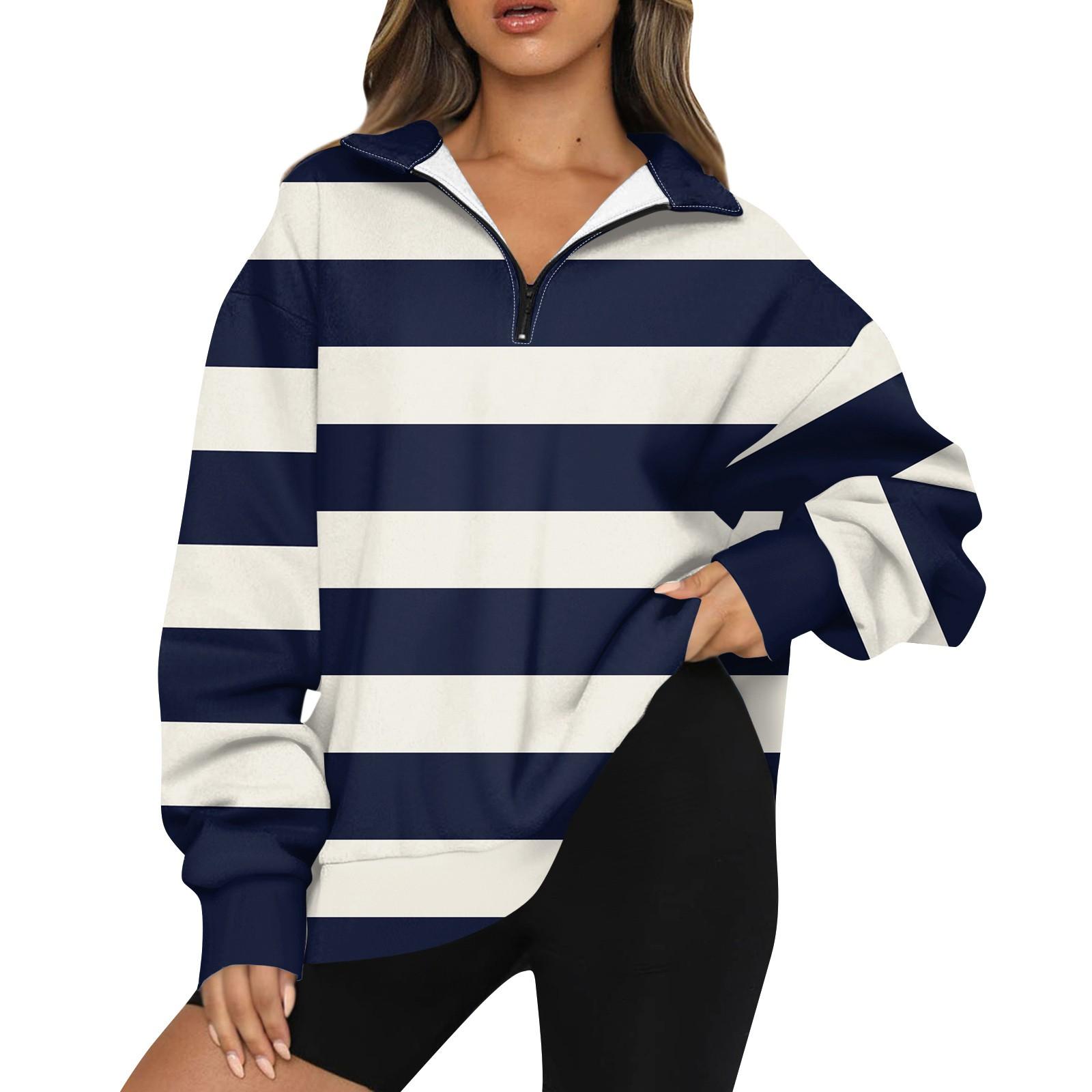 Женская модная толстовка с длинным рукавом и принтом в полоску с отворотом на молнии XXXL белый 1980₽