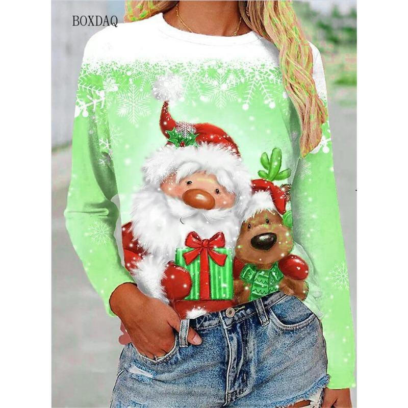 Big Size Women Clothing Christmas T-shirts Autumn Winter Long Sleeve 3d Santa Claus And Snowman Print Cartoon Cute Lady Tops