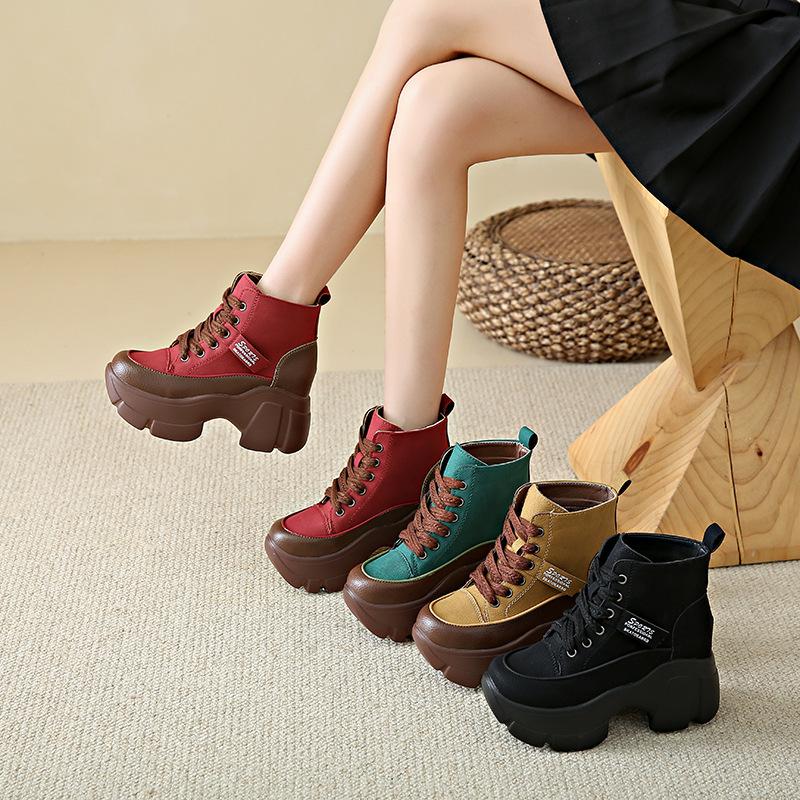 Short boots women's 2025 autumn fashion round head platform lace-up sports style casual shoes wedge heel fashion single shoes