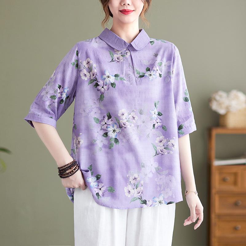 

Plus-Size Cotton Linen Printed Shirt with Five-Point Sleeves & Doll Collar - Age-Reducing Women s Top 2XL