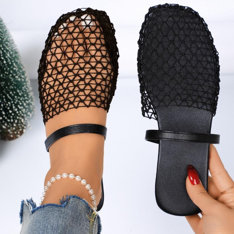 Women's New Fashion Cutout Fishnet Sandals Flat Comfortable Casual Slip-On Trendy Shoes