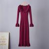 New Fall/Winter Bell-Sleeve Knit Sweater Dress for Women Stylish and Elegant Single-Breasted Ruffled Patchwork Pullover Knit Fishtail Dress