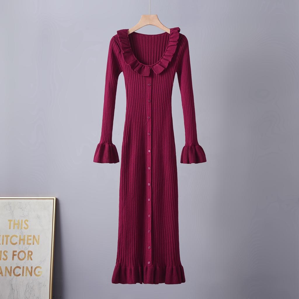 New Fall/Winter Bell-Sleeve Knit Sweater Dress for Women Stylish and Elegant Single-Breasted Ruffled Patchwork Pullover Knit Fishtail Dress