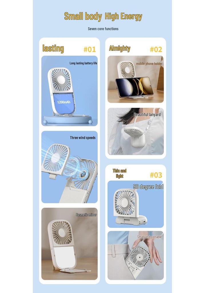 Portable Neck-Hanging Fan with Makeup Mirror, Foldable Phone Holder, and Charging Capability