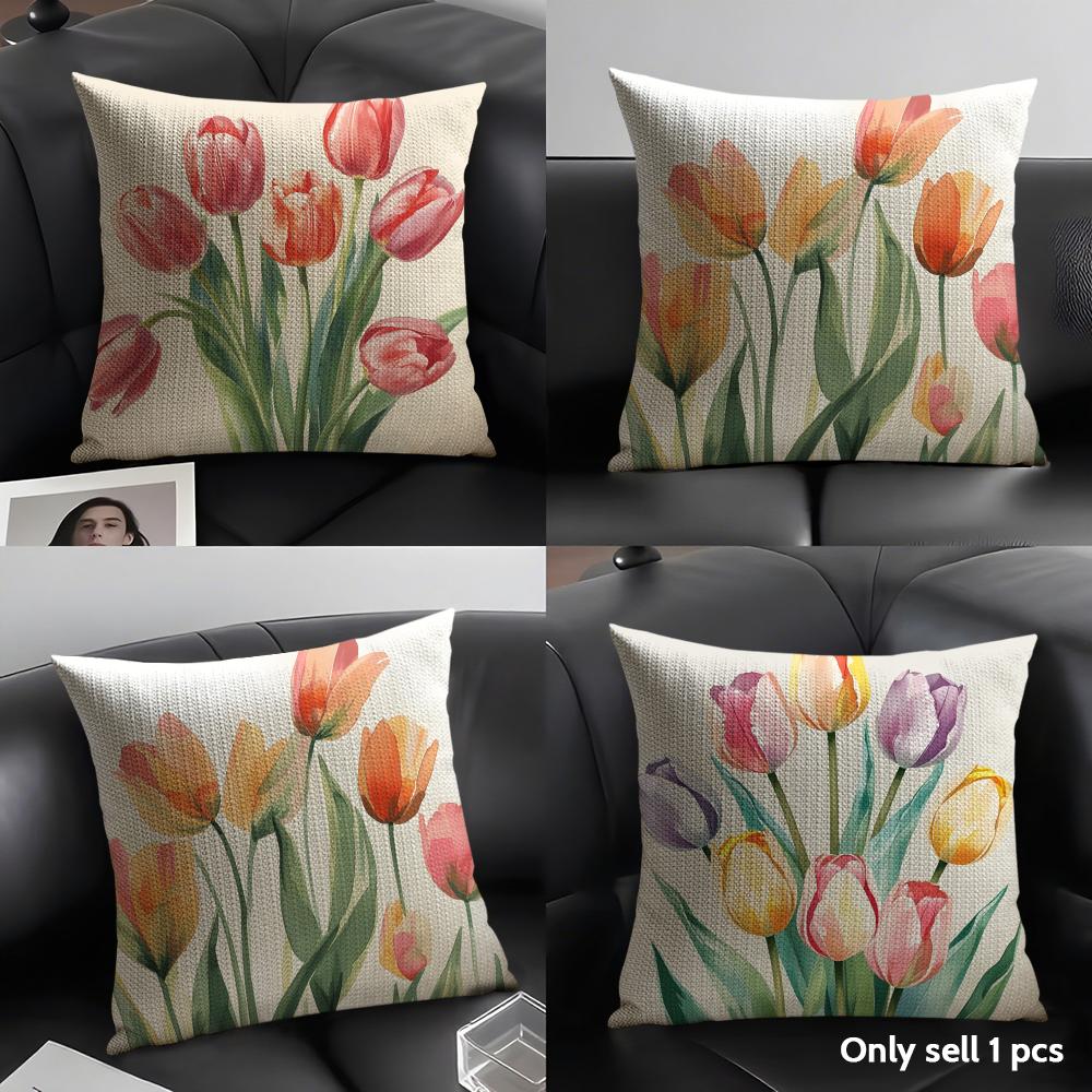 Watercolor Tulip Painting Cushion Cover Natural Linen Organic Fabric Double-Sided Printing Sofa Home Decor Gift Pillow Case