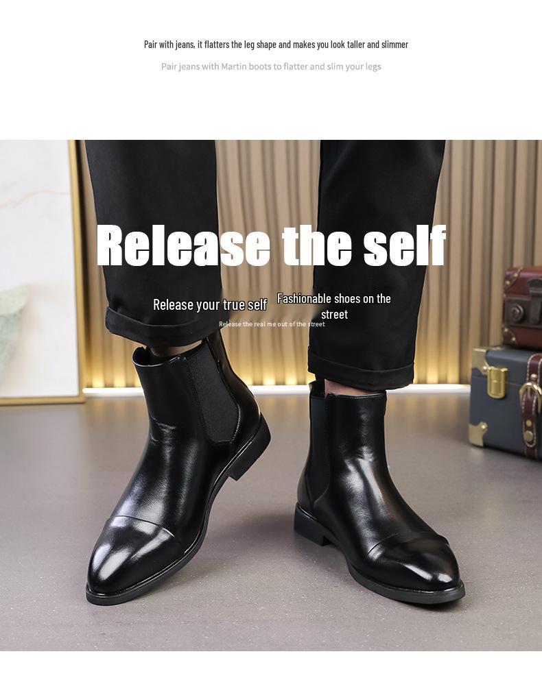 Men's Red Leather Pointed Toe Slip-On Chelsea Boots - High-Top Casual Martin Style, Plus Sizes Available