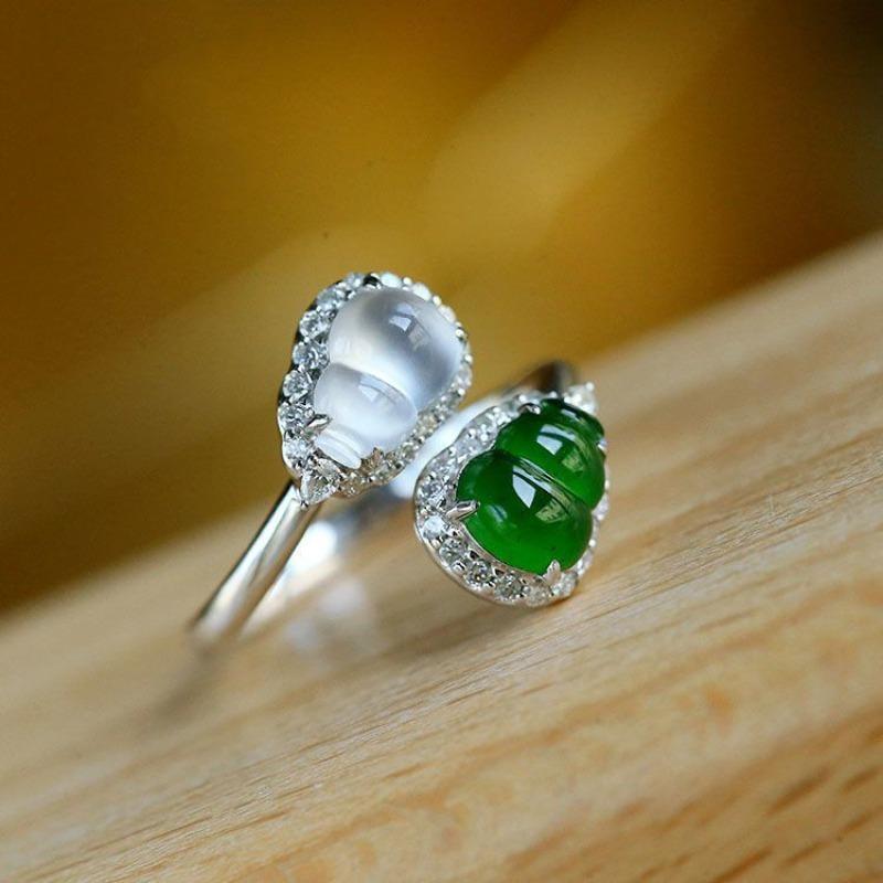 Silver 925 Inlaid Green and White Dual Tone Natural Chalcedony Gourd Rings for Women Exquisite and Fashion Ring Jewelry Gifts