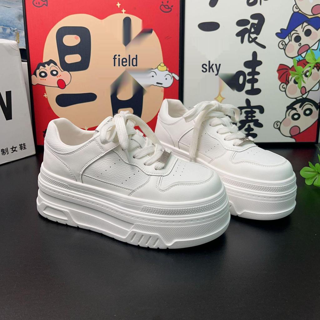 Women's Platform Sneakers - Genuine Leather, White, Height-Increasing, Autumn 2025 Collection, 7CM Sole, Petite Casual Sports Style
