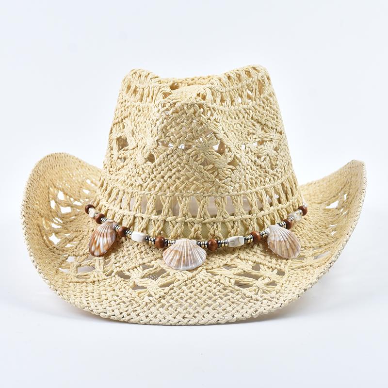 

Spring Summer Hand Woven Straw Hat for Women Fashionable Shell Decoration Holiday Beach Sun Hat One Size бежевий