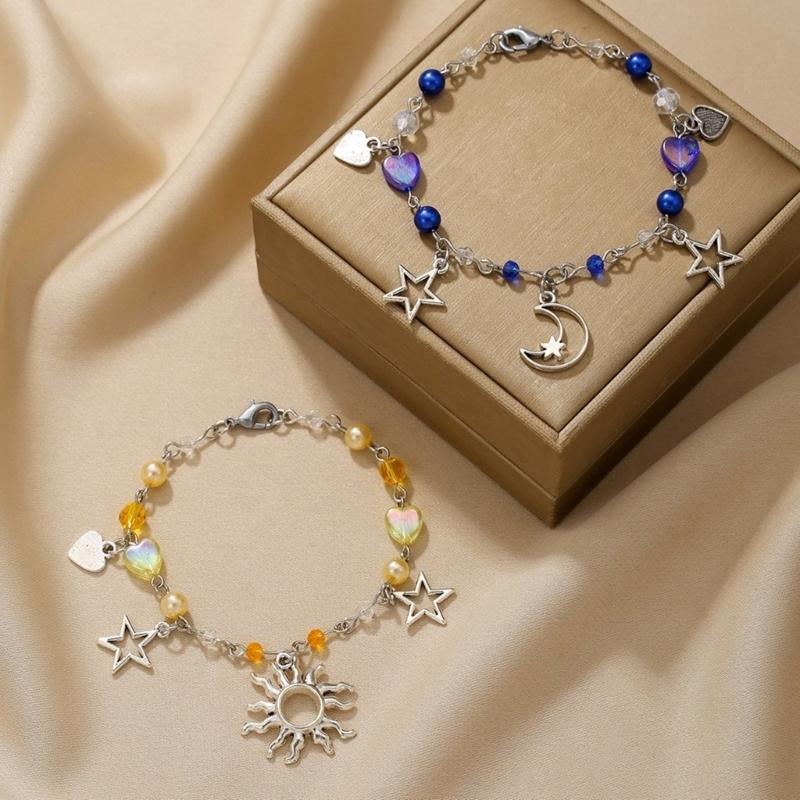 Punk Bracelet Hollow Out Star Moon Charm Bracelet Beaded Bracelet Adjustable Chain Bracelet Alloy Texture for Daily
