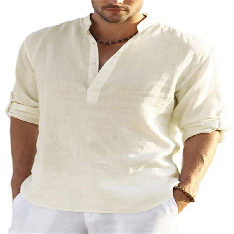 Men's Casual Cotton And Linen Solid Color Long-sleeved Shirt Loose Stand-up Collar Shirt Men