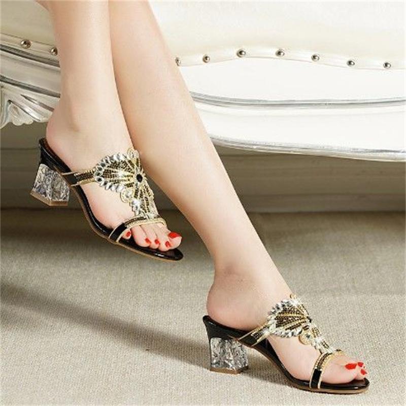 2024 New Female Crystal High Heels Slippers Peep Toe Casual Slides Flip Flops Fashion Pumps Comfortable Sandals
