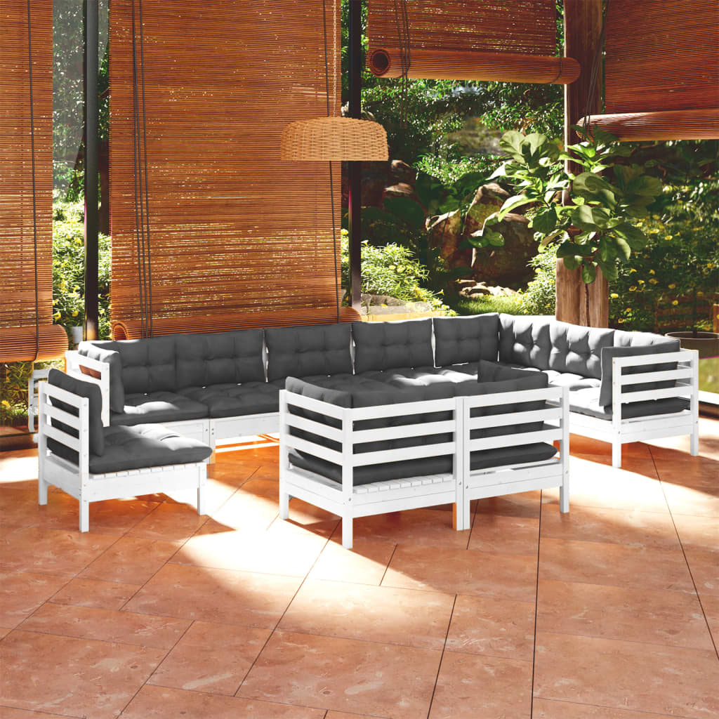 Vidaxl 10-Cz. Garden Lounge Set, Cushions, White, Pine