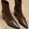 Metal Belt Buckle Spliced Suede Block Heel Single Boots Women's Fashion Pointed Toe Rear Zip Shortho Boots