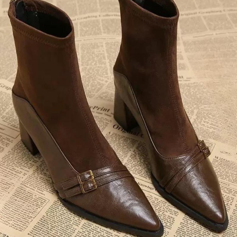 Metal Belt Buckle Spliced Suede Block Heel Single Boots Women's Fashion Pointed Toe Rear Zip Shortho Boots
