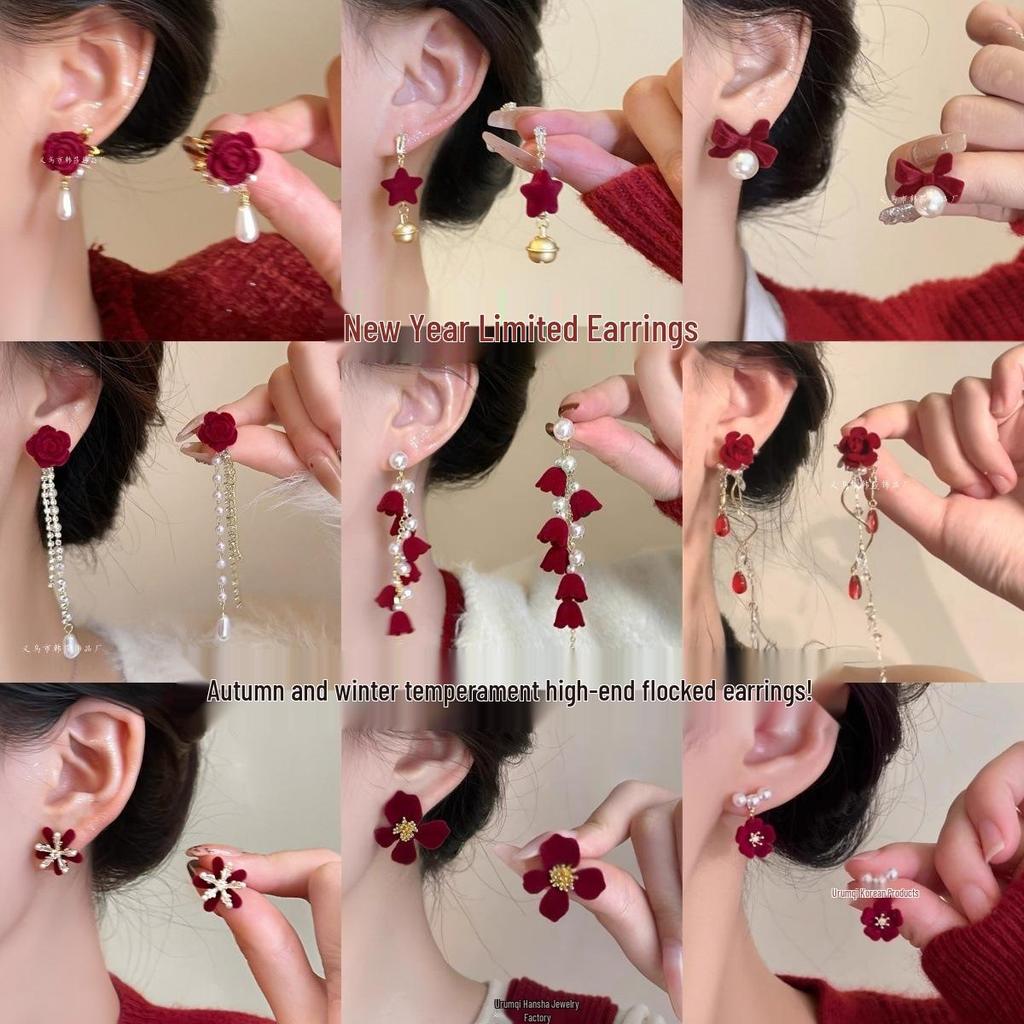2025 New Year Red Velvet Pearl Earrings: Retro Hong Kong Style Whitening Studs for Women