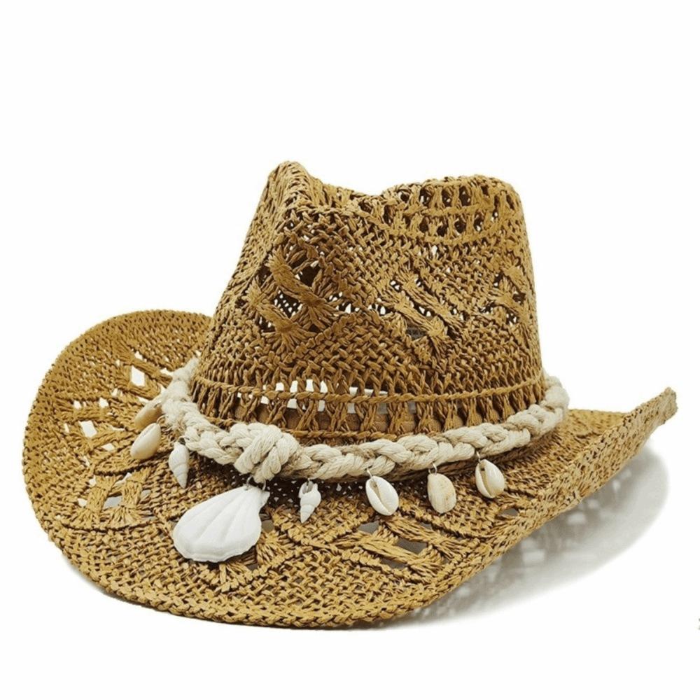 New Hollow Cowboy Straw Hat Large Brim Seashell Beach Sun Hat Big Head Circumference Bohemian Hat Sunshade