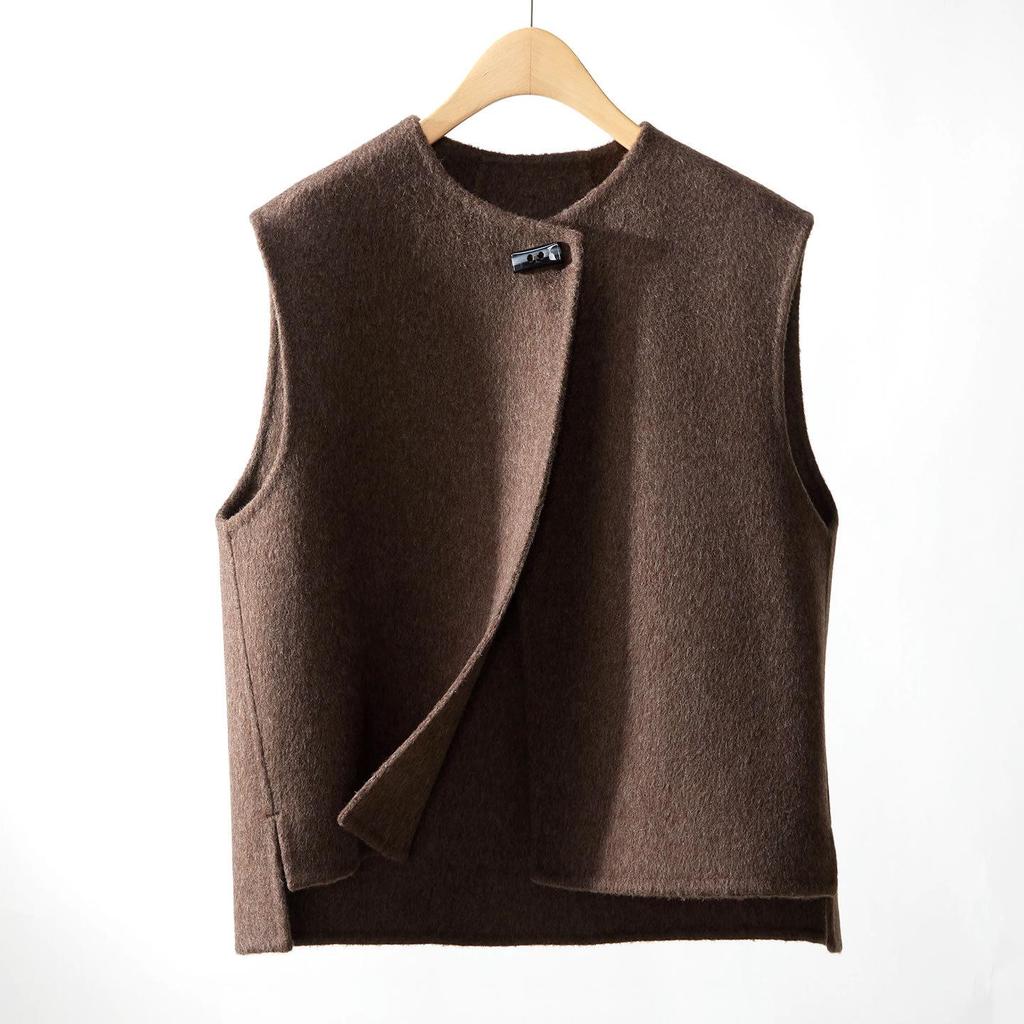 Women's 2025 Asymmetrical Gray Wool Vest - Round Neck, Button-Up, Sleeveless for Spring & Autumn Fashion