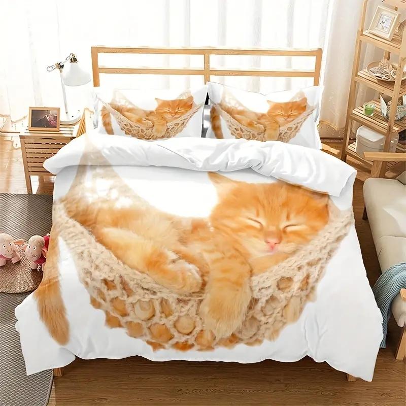 3D Cat Bedding Set Cute Animal Down Quilt Cover and Pillowcase Boys Teens Quilt Cover DE135 * 200 Full Size Luxury Soft Home Textile