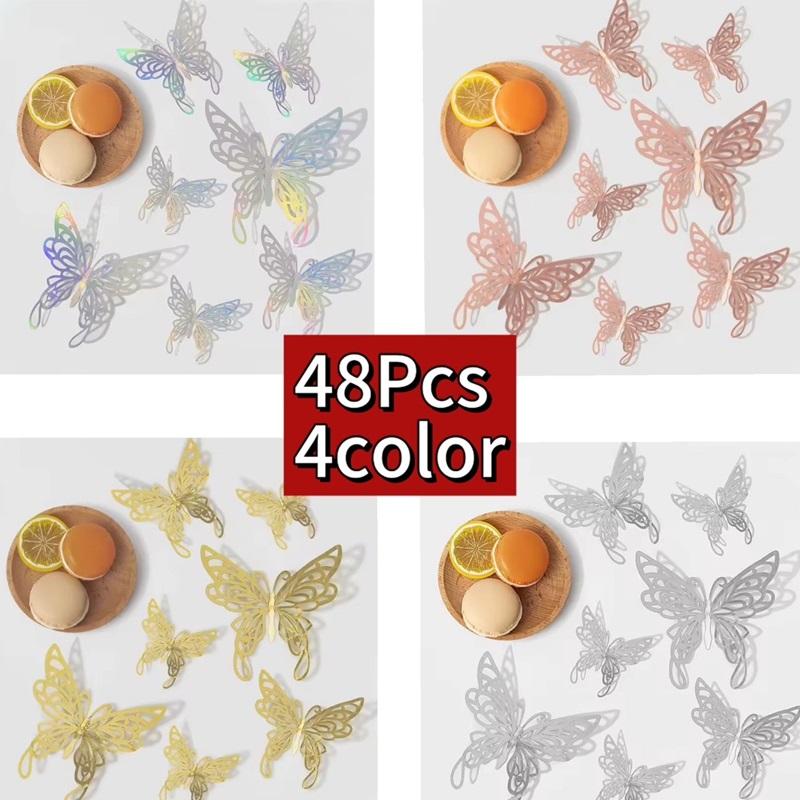 48pcs/lot Metal Inspired Hollow 3D Paper Butterfly Decorations for Parties, Festivals, Weddings, Birthdays, Wall Stickers