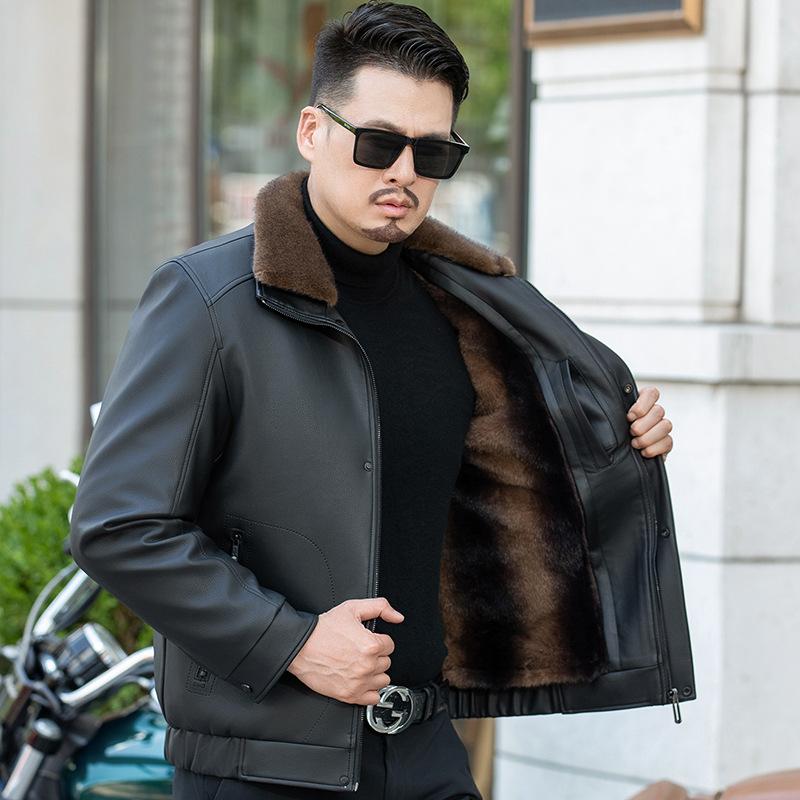 Winter Velvet Thickened Genuine Leather Jacket Men's Sheepskin Lapel Leather Jacket Leather Liner Detachable Middle-aged Jacket