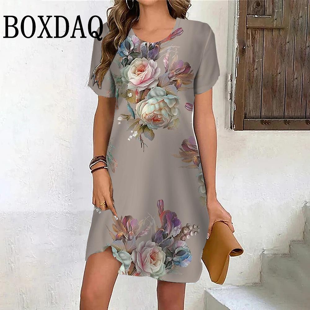 New 2024 Summer Vintage Flower Dresses For Women Pullover Short Sleeve Loose Plus Size Dress Casual Print Mini Sundress Vestidos