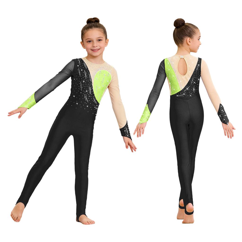 Veelzijdige Trainings- & Wedstrijdjumpsuit voor Kinderen Meisjes: Kenmerken Vingergaten, Mesh Patchwork & Strass Accenten
