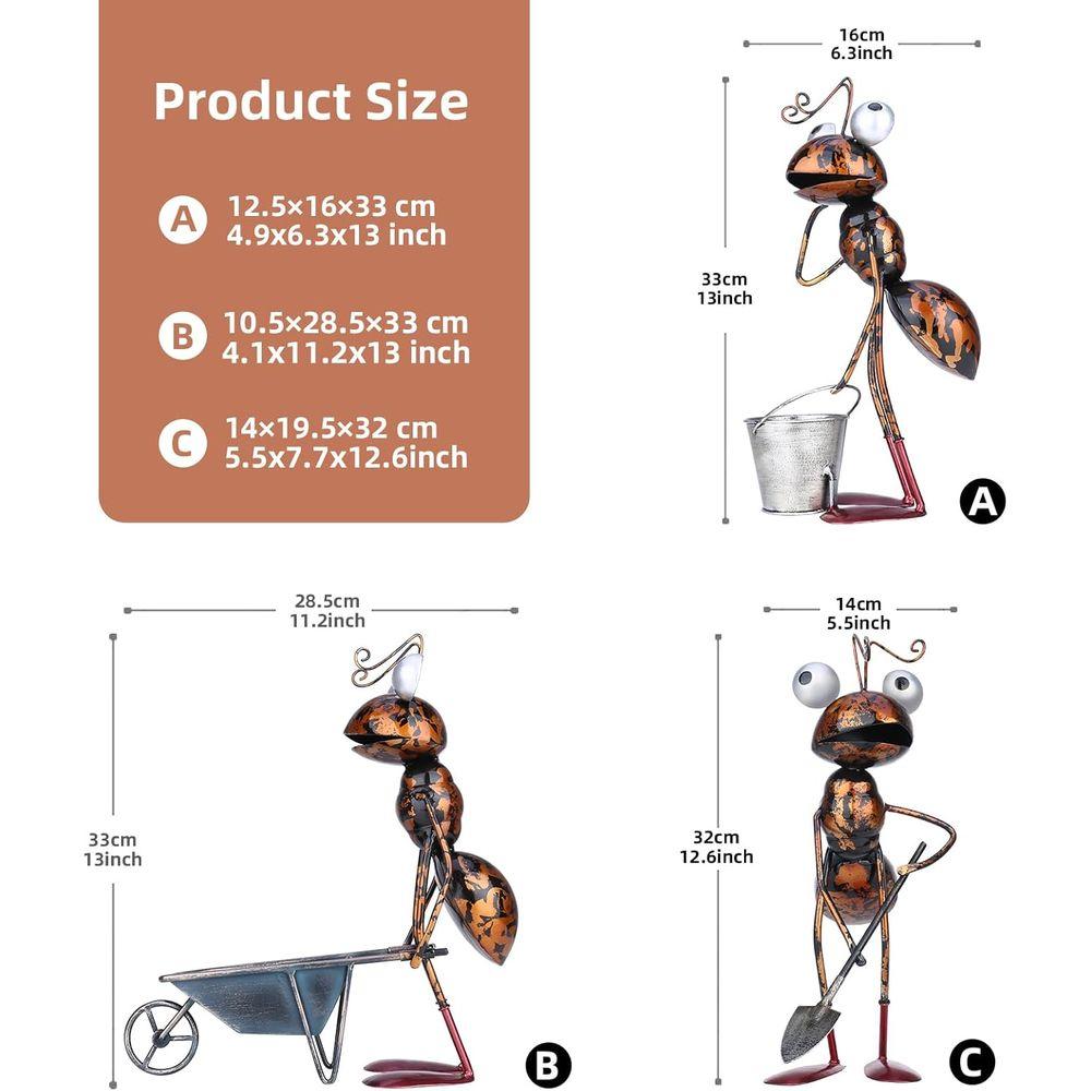 3-Piece 13" Busy Working Ants Metal Garden Stator Outdoor Decor, Unny Metal Yard Art or Home Decoration, Handmade Retro Statue G