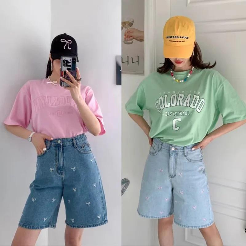 Fashion Retro Bow Large Size Loose Denim Shorts Women Casual Vintage Summer Wide Leg Pant Female Button High Waist Short Streetwear Jeans