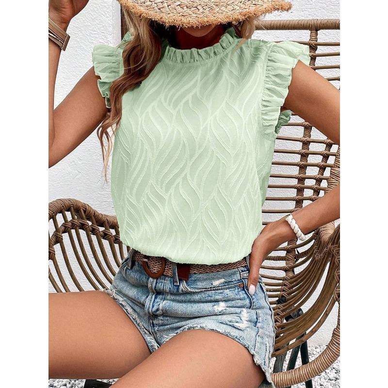 Summer Elegant Women Fashion Blouse Ruffled Sleeve Loose Jacquard Shirt Female Women's Vest Sweet Ladies Chiffon Tops Lotus Leaf Collar Top Clothes