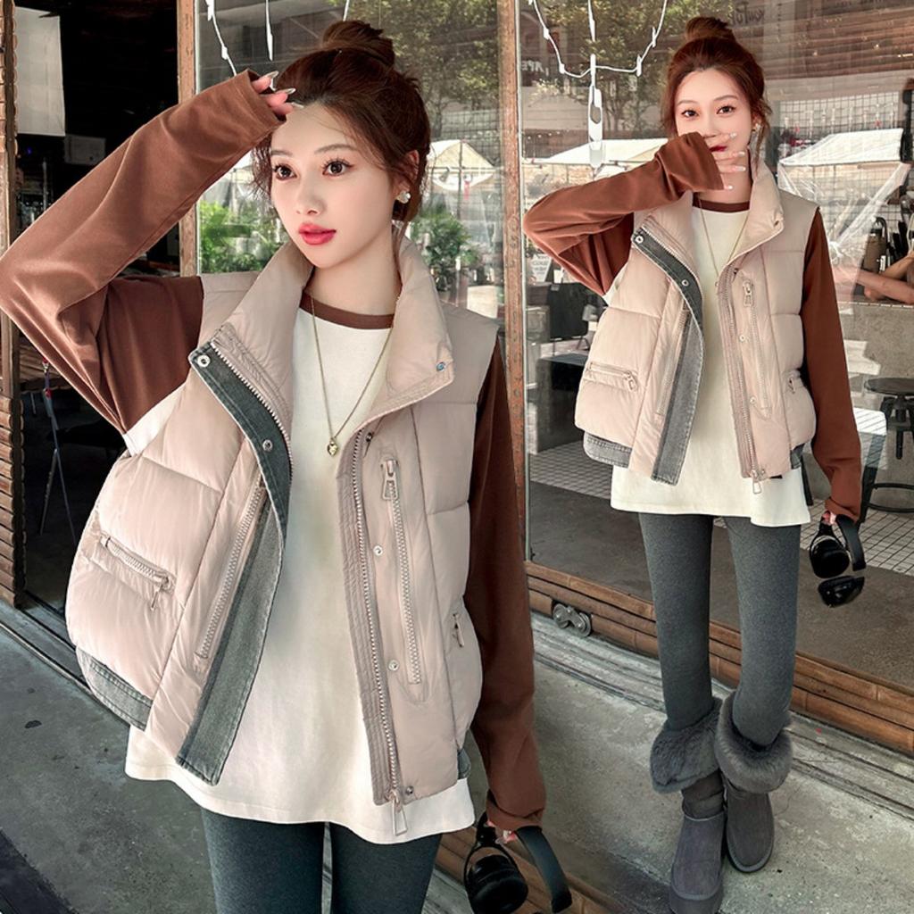 Fall Winter New Women's Color Block Padded Vest Short Stand Collar Versatile Sleeveless Cotton Jacket Waistcoat Outerwear