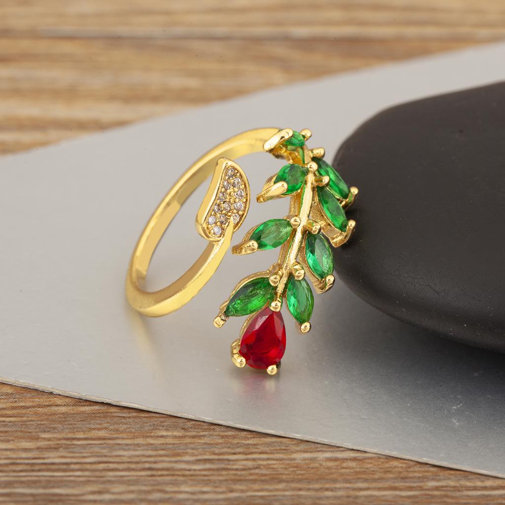 Nidin New Trendy Leaf/Water-drop/Flower Shape Inlaid Green Zircon Open Rings Adjustable For Women Temperament Finger Jewelry